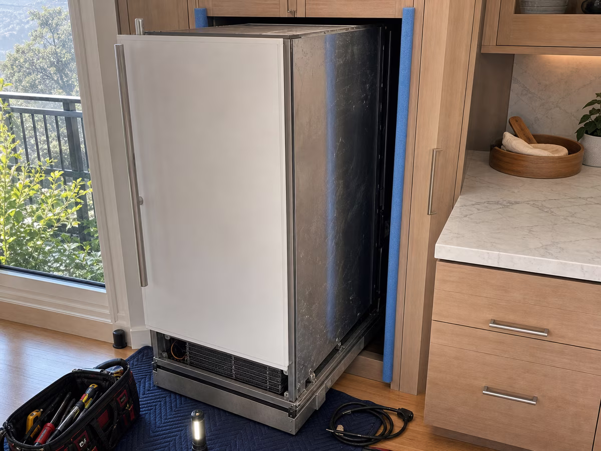 Cabinet floor protection and pull-out path prepared for a built-in Sub-Zero in a narrow Mill Valley kitchen