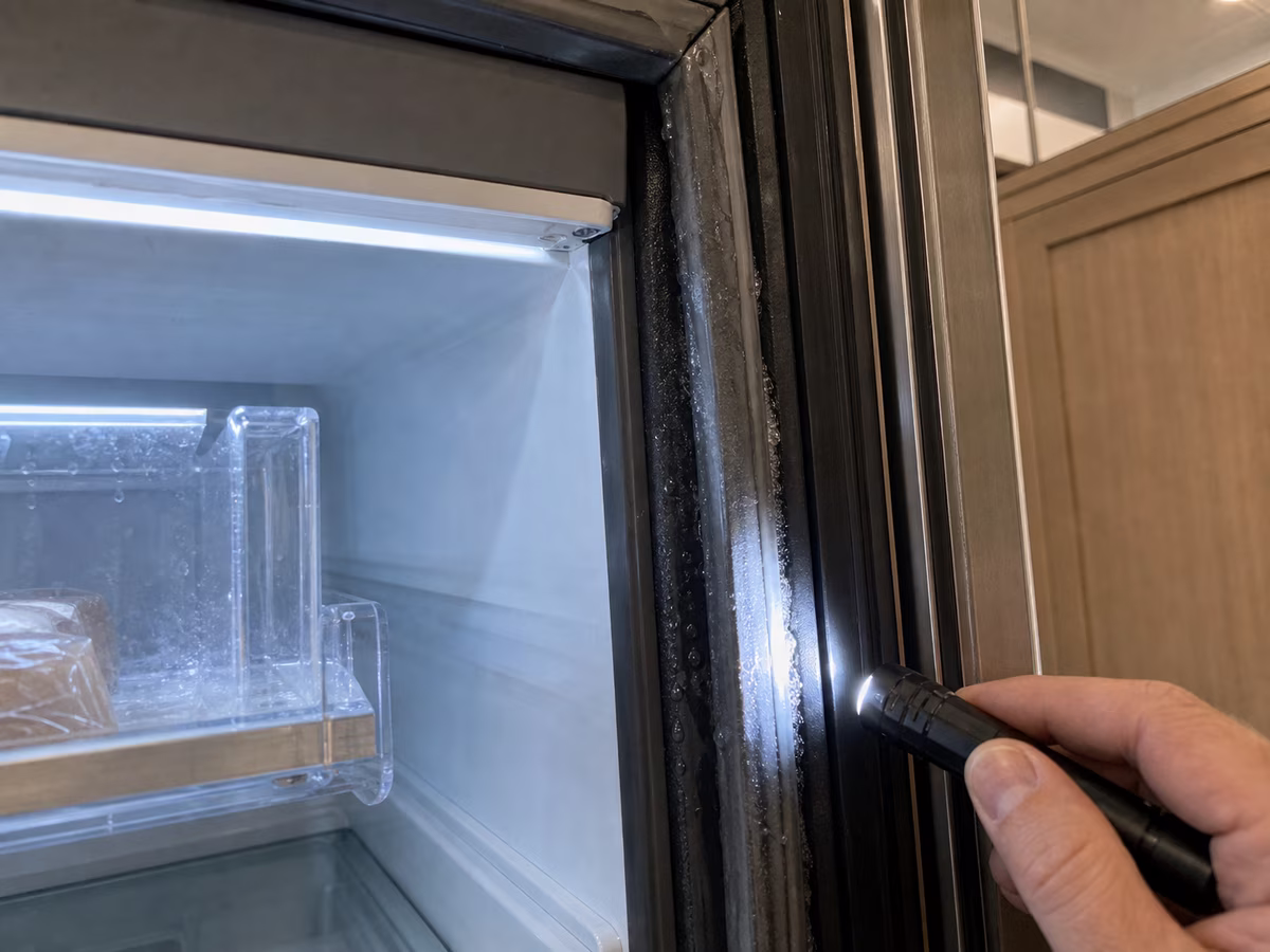 Frost line on a Sub-Zero door gasket in a humid Mill Valley kitchen