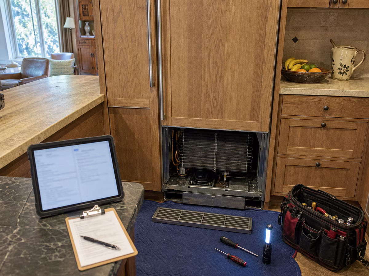 An aging built-in Sub-Zero evaluated for repair versus replacement in a Mill Valley kitchen