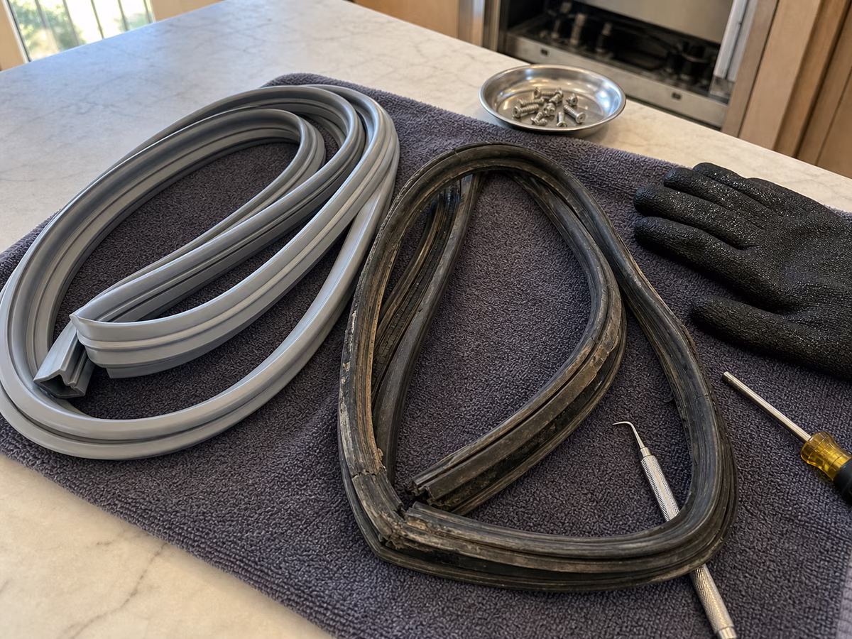 New OEM Sub-Zero door gasket coiled before installation next to the old gasket