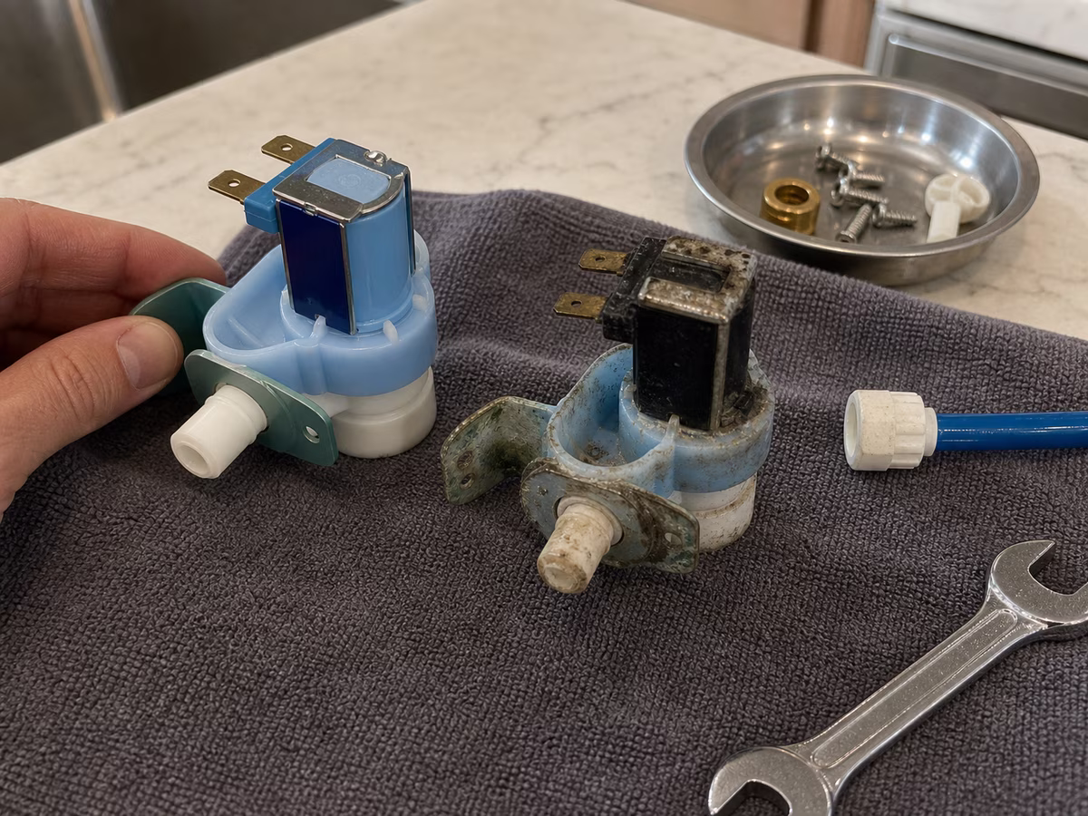 OEM Sub-Zero water inlet valve next to the part it replaced
